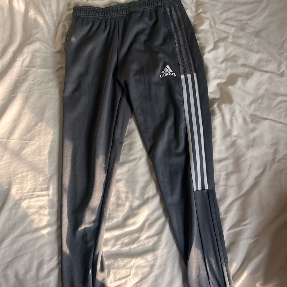 Adidas Gray Sweatpants with Tapered Leg and Signature Stripes
